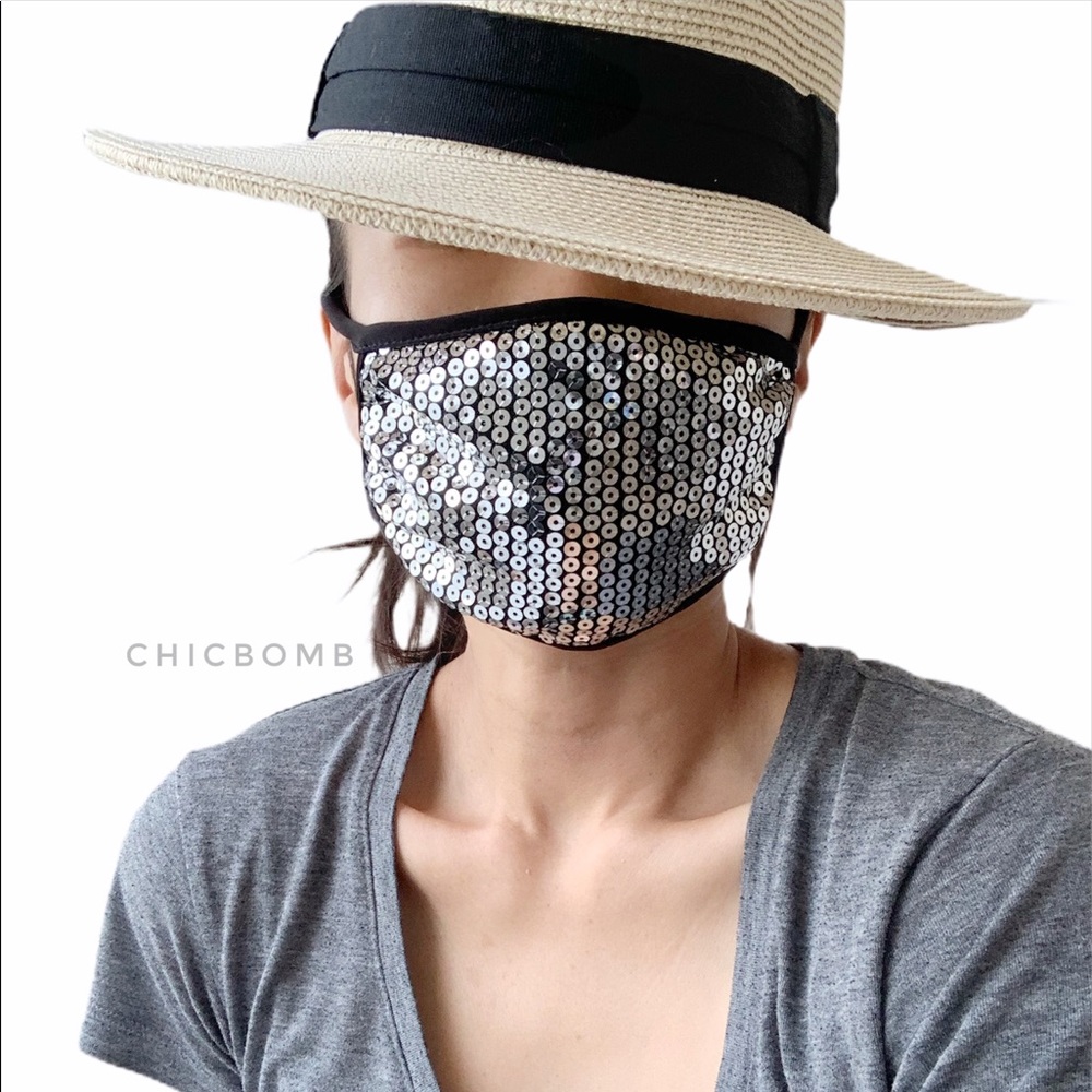 FASHION STATEMENT SEQUIN FACE MASK - SILVER - Picture 3 of 6